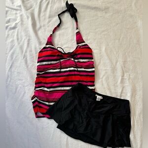 Motherhood Maternity Tankini Set Size M – Striped Top & Black Skirted Bottom
